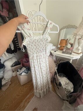 Smocked Floral Maxi Dress in Light Green and Pink Vintage